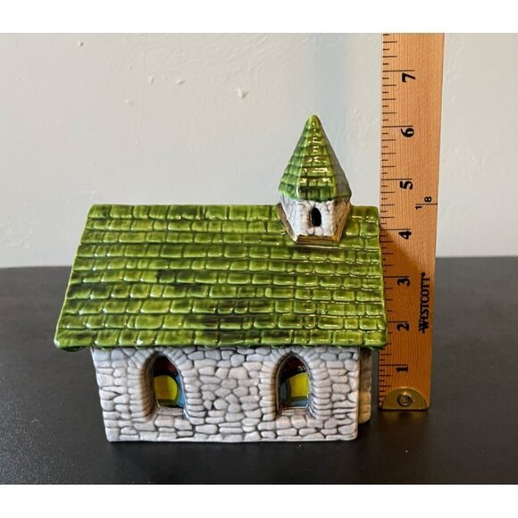 Vintage Ceramic Light Up Church Chapel Hand Painted Stained Glass 6.5" Tall - Picture 5 of 16